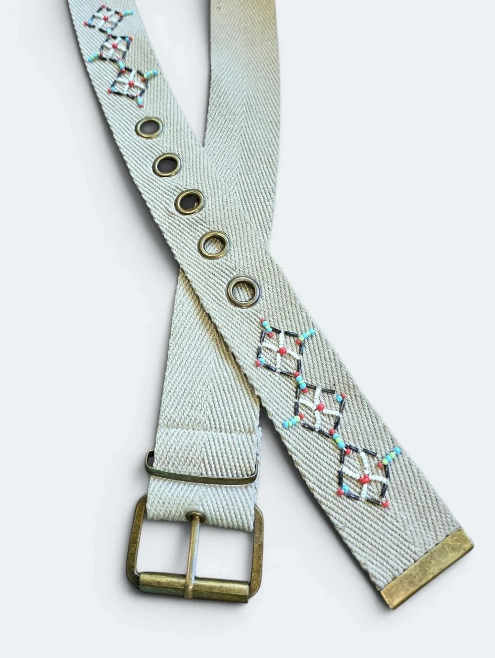 Embroidered Ivory Woven Belt with Brass Hardware Size 13